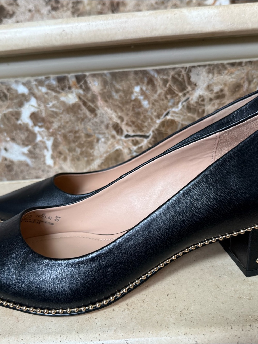 Coach Black Pointed Low Block Heel Pumps with Gold Stud Trim - Picture 3 of 16